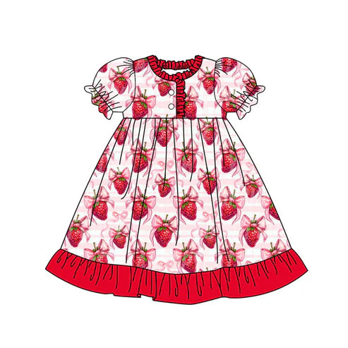 9.29 GSD2830 Baby Girls Bows Strawberry Stripe Button Ruffle Valentine Knee Length Dresses Preorder