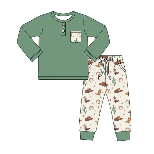 5.24 BLP0925 Baby Boys Western Green Pocket Top Boots Pants Clothes Sets Preorder