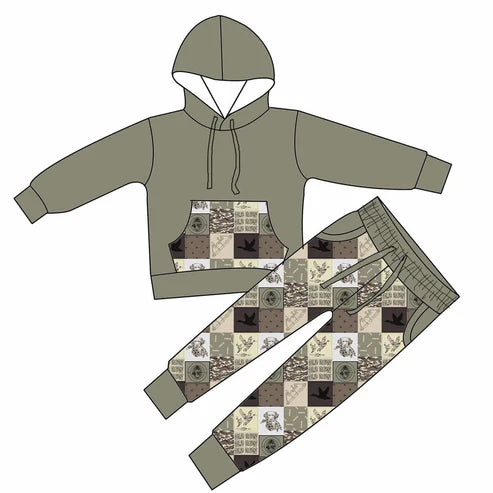 10.31  BLP1362 Baby Boys Grey Camo Ducks Checked Pocket Hoodie Jogger Pants Hunting Clothes Sets Preorder