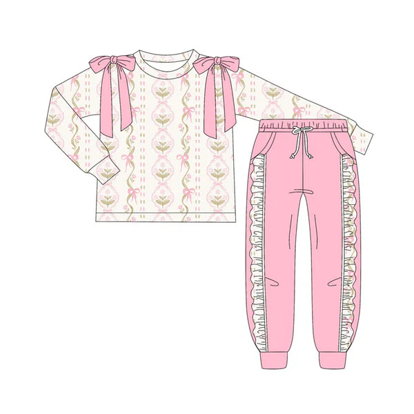 7.10 Custom Moq 3 Baby Girls Long Sleeves Flower Bows Stripe Top Pockets Pant Clothes Set