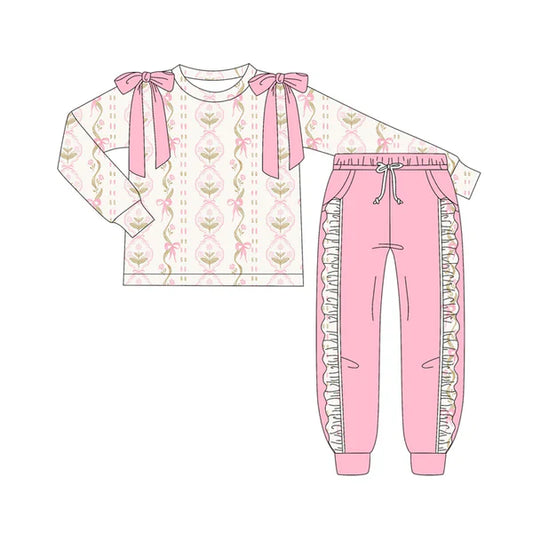 7.10 Custom Moq 3 Baby Girls Long Sleeves Flower Bows Stripe Top Pockets Pant Clothes Set