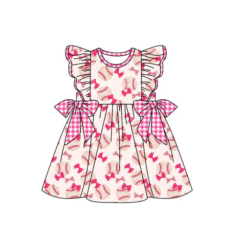 GSD1642 Baby Girls Pink Baseball Bows Flutter Knee Length Dresses Preorder