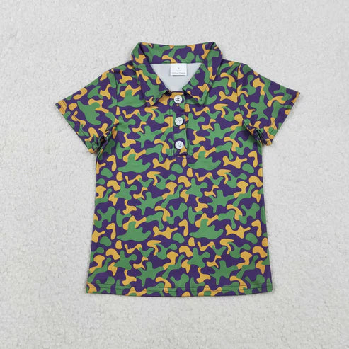 12.3 BT1498 Baby Boys Short Sleeve Mardigras Camo Button Polo Shirts Top
