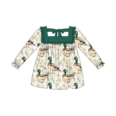 5.20  GLD1057 Baby Girls Long Ruffle Sleeves Green Ducks Knee Length Dresses Preorder