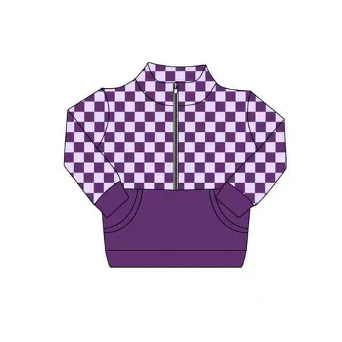 9.8 Custom Moq 5 Baby Girls Purple Checked Zipper Pockets Long Sleeves Pullovers Tops