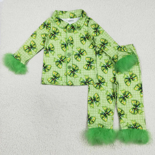 8.21 GLP2581 Baby Girls Green Plaid Fur Long Sleeves Bows Button Top Pant Pajamas Set