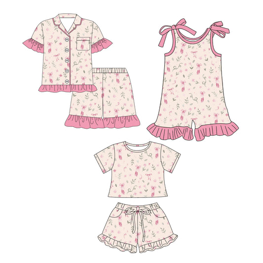 26.1.3 Custom MOQ:3 or 5 pcs each design milk silk Sibling baby girl clothes ballet shoes bow pink short sleeve shorts sets 2 and jumpsuit