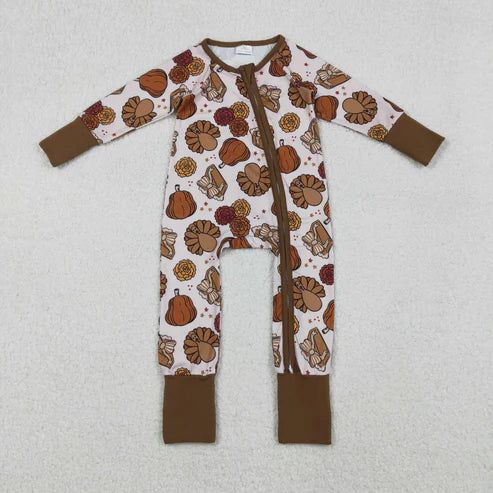 10.22 LR2690 Baby Boys Pie Turkey Pumpkins Thanksgiving Zipper Footie Romper