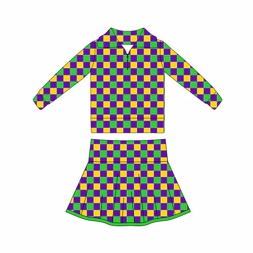 10.28 GLD1397 Baby Girls Mardigras Checked Zipper Pullovers Skorts Yoga Clothes Sets Preorder