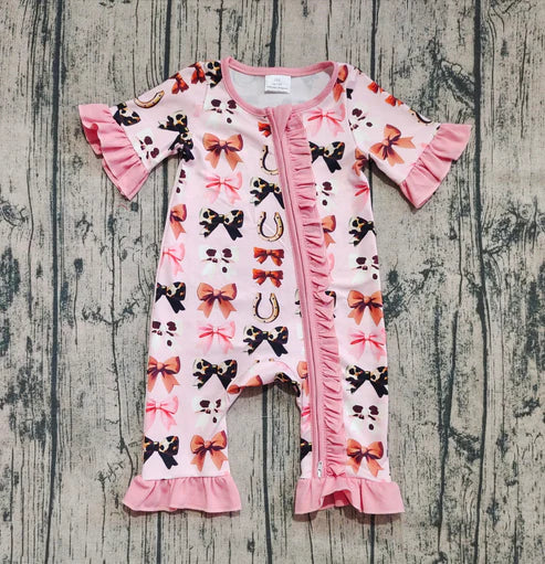 6.14 SR3116 Baby Girls Pink Short Ruffle Sleeves Bows Horse Shoes Zipper Rompers Preorder