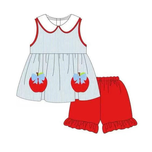 3.23 GSSO2394 Baby Girls Sleeveless Blue Stripe Bows Apples Tunic Red Ruffle Shorts Set Preorder