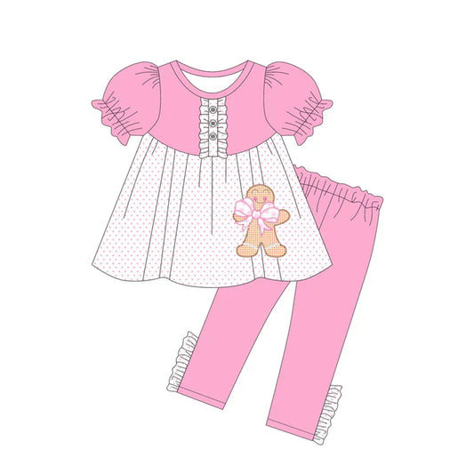 6.14 GSPO2034 Baby Girls Pink Short Ruffle Sleeves Gingerbread Button Tunic Legging Pants Clothes Set Preorder