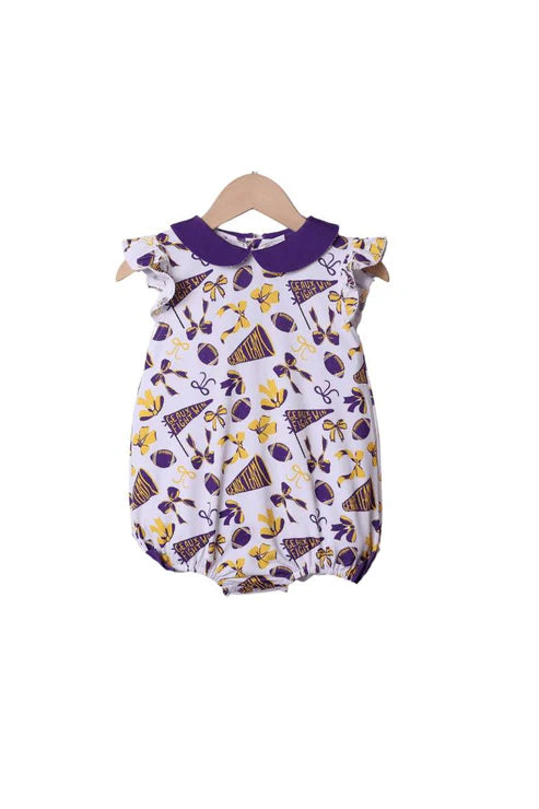 7.30 SR3194 Baby Girls Flutter Sleeves Purple Cheer Bows Plaid Team Ruffle Rompers Preorder