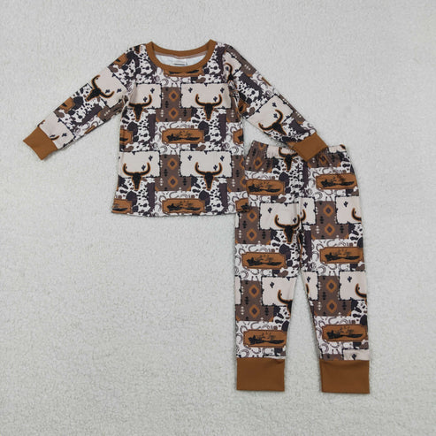 11.17 BLP1200 Baby Boys Bull Skull Aztec Plaid Top Western Pajamas Set