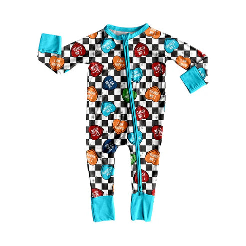 9.18 LR2657 Baby Boys Black Checked Hearts Valentine Zipper Footie Rompers Preorder