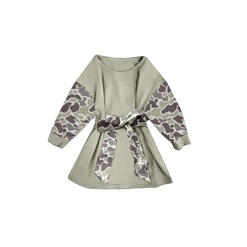9.19   GLD1300 Baby Girls Khaki Camo Long Sleeve Belt Western Knee Length Dresses Preorder