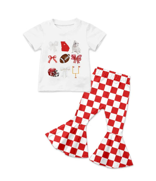 8.21 Custom MOQ 5 Baby Girls Short Sleeve Bulldogs Team Shirts Plaid Pant Sets