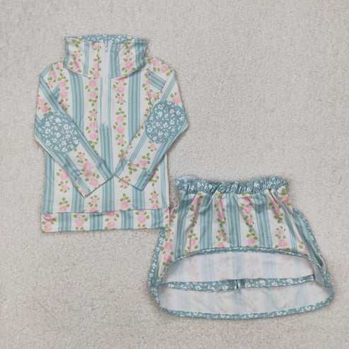 4.14 GLD1001 Baby Girls Green Flowers Zip Top Skirt Skort Bottoms Set