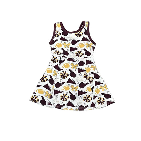 10.1 GSD2842 Baby Girls Dark Red Yellow Bows Footballs Go Team Shorts Yoga Knee Length Dresses