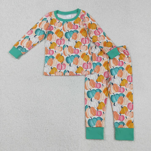 9.10 GLP2691 Baby Girls Colorful Pumpkins Plaid Top Pant Fall Pajamas Set