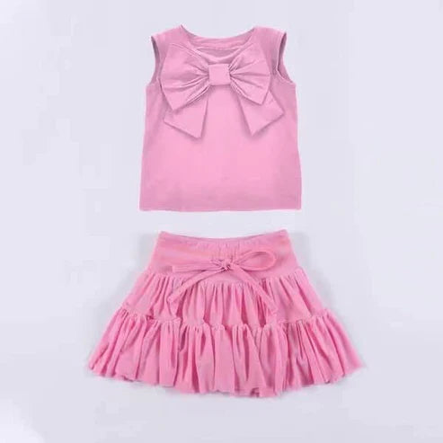 3.20 GSD2192 Baby Girls Pink Sleeveless Bow Top Vest Patchwork Skirt Clothes Set Preorder