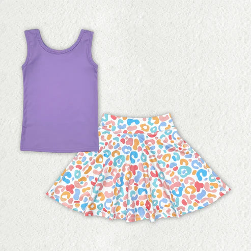 4.25 GT0990+GLK0026 Baby Girls Purple Sleeveless Yoga Vests Top Colorful Leopard Skorts Set