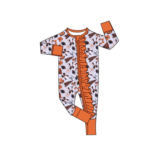 8.2 LR2514 Baby Girls Orange Bows Footballs Plaid Ruffle Zipper Team Rompers Preorder