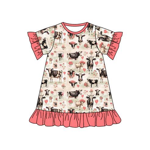 GSD1639 Baby Girls Pink Cow Flowers Knee Length Dresses Preorder