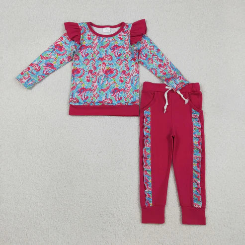 11.26 GLP2831 Baby Girls Pink Watercolor Floral Shirts Top Pockets Jogger Pants Clothes Set