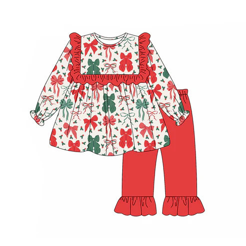 5.20 GLP2346 Baby Girls Long Sleeves Red Green Bows Tunic Ruffle Pant Set Preorder