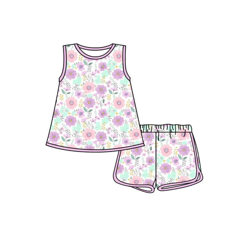4.25 Preorder(moq 3) Baby Girls Sleeveless Lavender Flowers Tunic Short Set