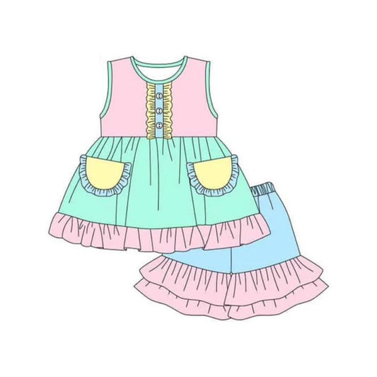 L-3.4 GSSO2106 Baby Girls Pink Green Pockets Tunic Ruffle Shorts Clothes Sets Preorder