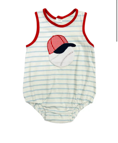 3.25 SR2970 Baby Infant Boys Blue Stripe Sleeveless Baseball Hat Rompers Preorder