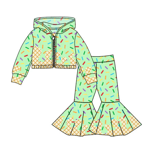 8.11 Custom Moq 5 Baby Girls Aqua Long Sleeves Drip Zipper Jacket Top Bell Bottom Pant Team Clothes Sets