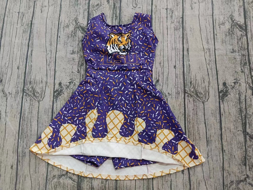 7.31 Custom Moq 5 Baby Girls Purple Sleeveless Tiger LSU Drip Short Team Knee Length Dresses