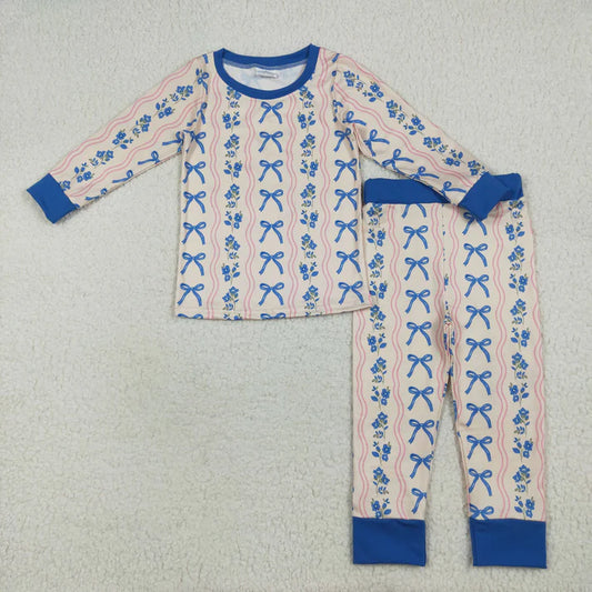 8.15 GLP2505 Baby Girls Long Sleeves Blue Bows Flower Stripe Top Pants Pajamas Set