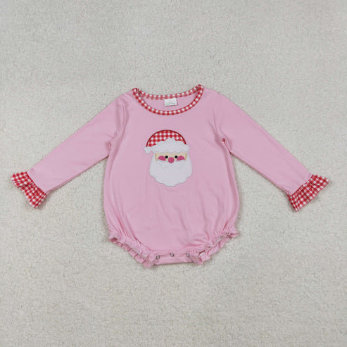 10.7 LR1733 Embroidery Santa Baby Girls Pink Long Ruffle Sleeve Christmas Romper