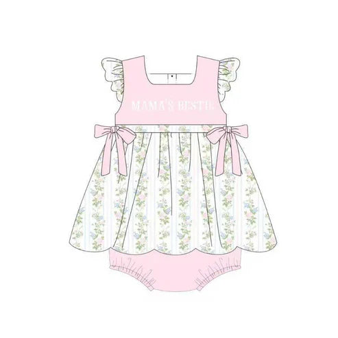10.30 SR3423 Baby Girls Pink Mama's Bestie Flowers Stripe Bows Tunic Ruffle Rompers Preorder