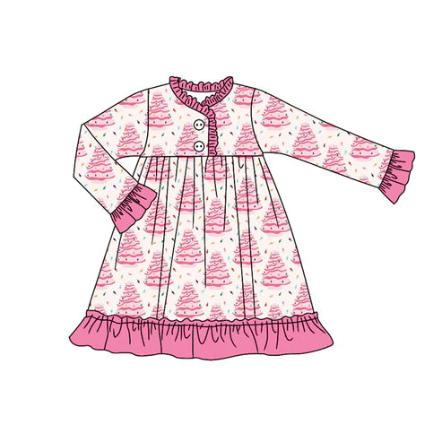 7.26 GLD1225 Baby Girls Long Ruffle Sleeves Christmas Trees Plaid Button Knee Length Dress Preorder