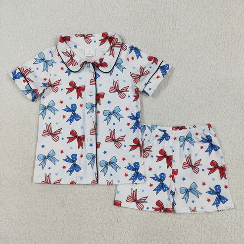 5.15 GSSO2484 Baby Girls Blue Red Bows Button Top Short 4th Of July Pajamas Set