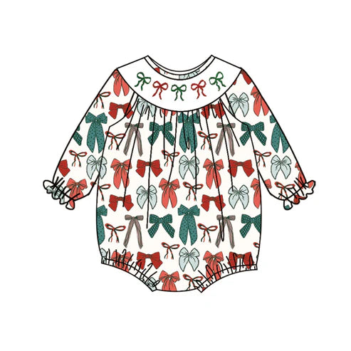 3.29 LR2185 Baby Infant Girls Long Ruffle Sleeves Colorful Bows Smocked Rompers Preorder