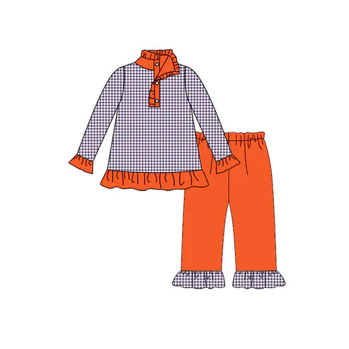 8.9 Custom Moq 5 Baby Girls Fall Football Team Purple Checkered Pullover Top Pants Clothing Sets