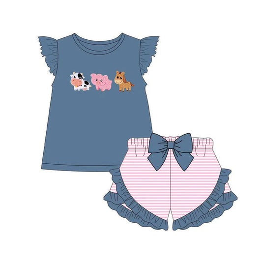 L-3.4 GSSO2110 Baby Girls Blue Farm Animals Shirt Stripes Shorts Clothes Sets Preorder