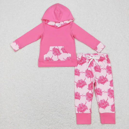 GLP0906 Alpine Cow Head Pocket Pink Hooded Long Sleeve Pants