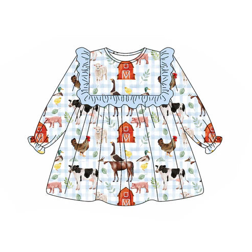 6.27 GLD1171 Baby Girls Long Ruffle Sleeves Houses Chicks Farm Knee Length Dresses Preorder