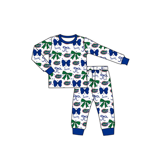 9.5 Custom Moq 5 Baby Girls Blue Florida Team Bows Top Pants Pajamas Sets