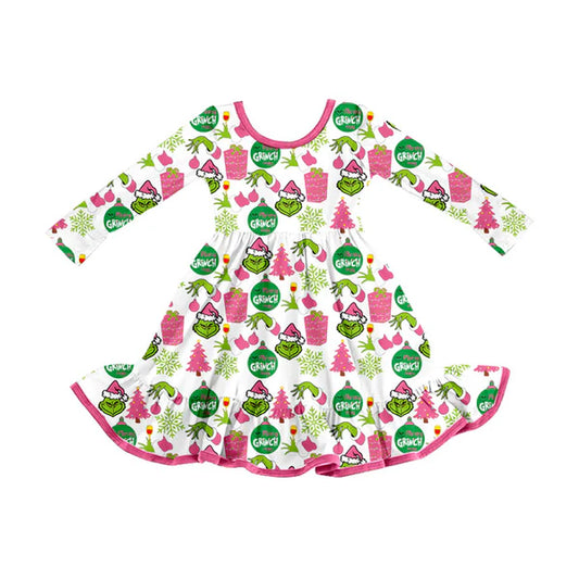 8.26 GLD1277 Baby Girls Green Face Gifts Christmas Ruffle Knee Length Dresses Preorder