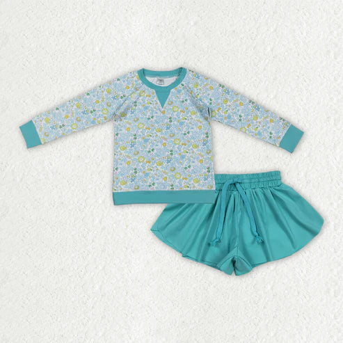 12.19 GT1294+SS0553 Baby Girls Colorful Floral Top Aqua Ruffle Shorts Yoga Active Clothes Set