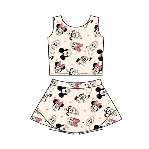 4.3 GSD2335 Baby Girls Sleeveless Cartoon Mouse Ducks Hearts Top Skort Yoga Set Preorder