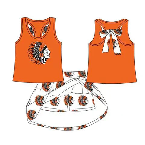8.19 Custom Moq 5 Baby Girls Orange India bow vest team Top Skirt Skort Sets